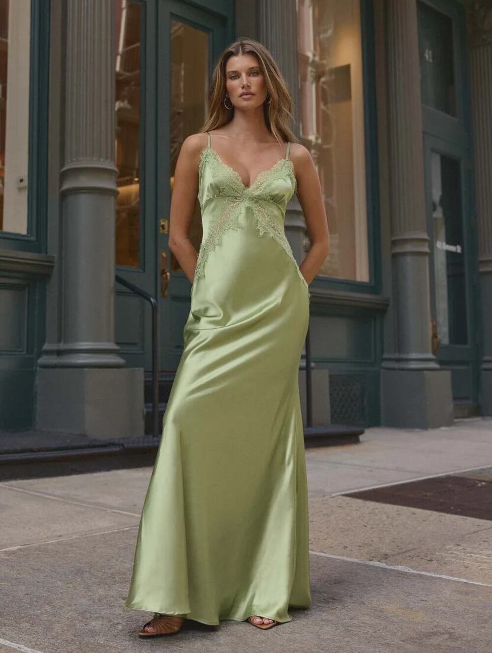 Peppermayo Winona Night Lace Satin Maxi Slip Dress Green Size 4 NWT